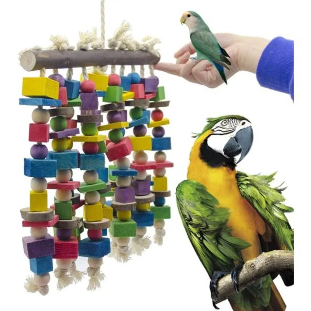 Large Bird Parrot Chewing Toy - Multicolored Natural Wooden Blocks Bird Parrot